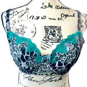 Cassandra bra 34DD zebra print‎ Lace black white teal green underwire
